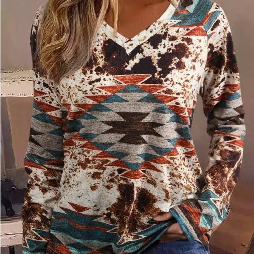Southwestern V-Neck Long Sleeve Top - Teal & Rust